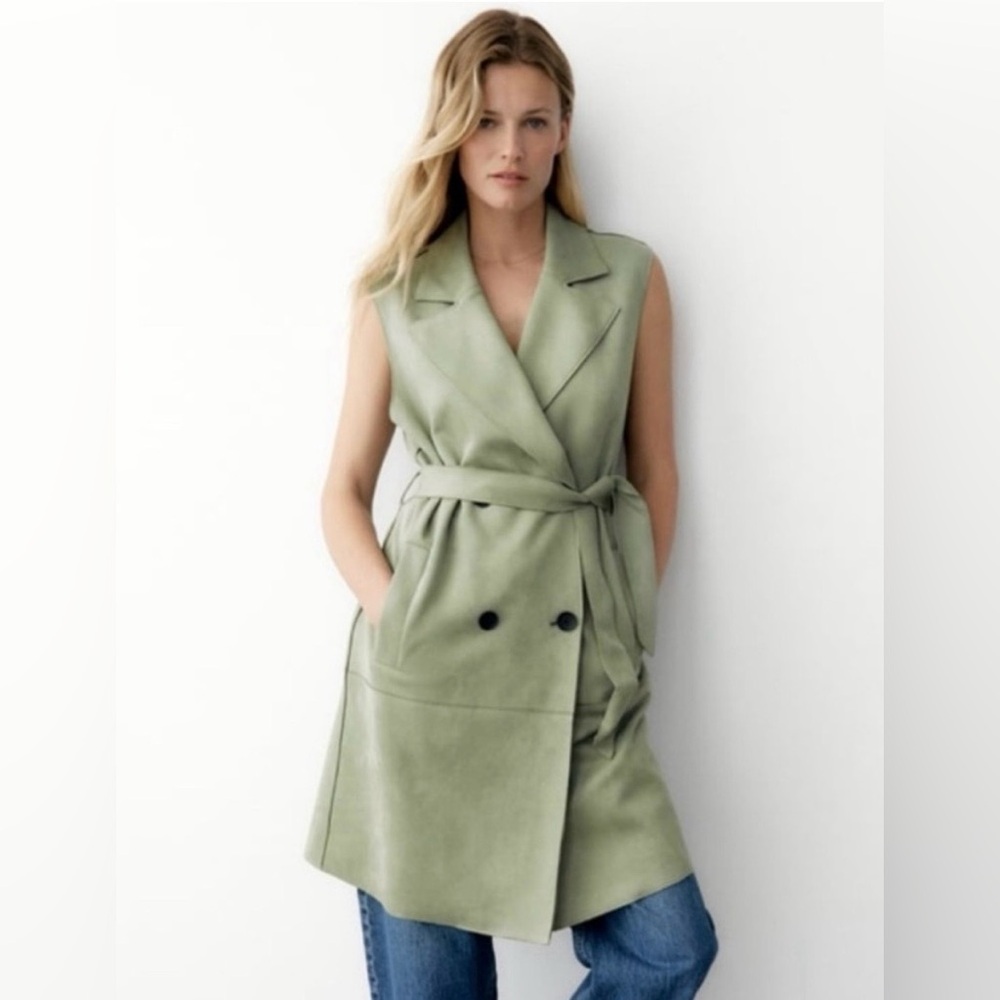 Zara Sleeveless Suede Wrap Trench Vest in Sage Green